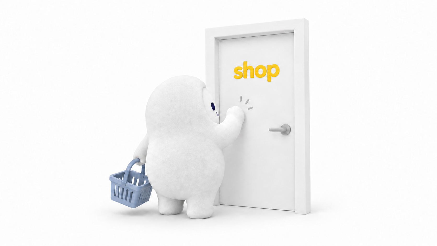 A little white-faced Wavia agent knocks on a shop door, holding an empty shopping basket.